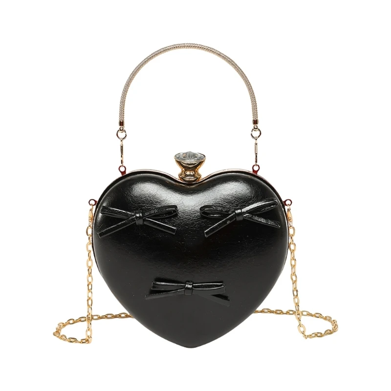 

E8FB Sophisticated Heart Evening Purse PU Handbag Bows Shoulder Crossbody Bag For Various Occasion With Ample Space