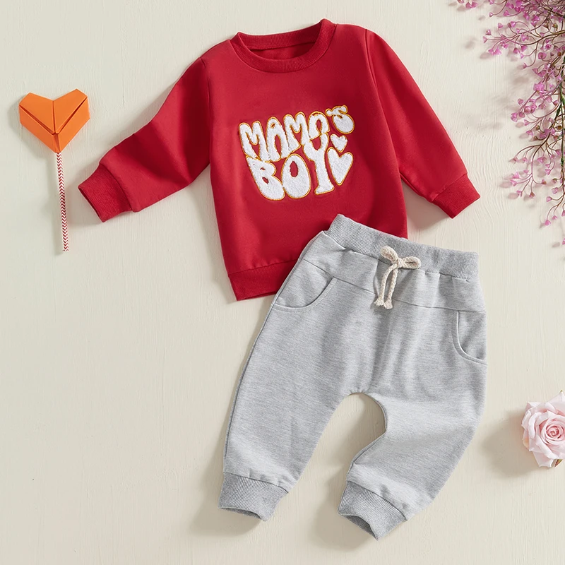 Toddler Boy Valentine s Day Outfits Letter Embroidery Long Sleeve Sweatshirt with Solid Long Pants Set