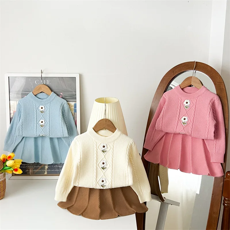 Kids Girls Sweater Sets Twist Print Long Sleeve Pullover Floral Sweater+Solid High Waist A-Line Mini Skirt 2pcs Children Suits