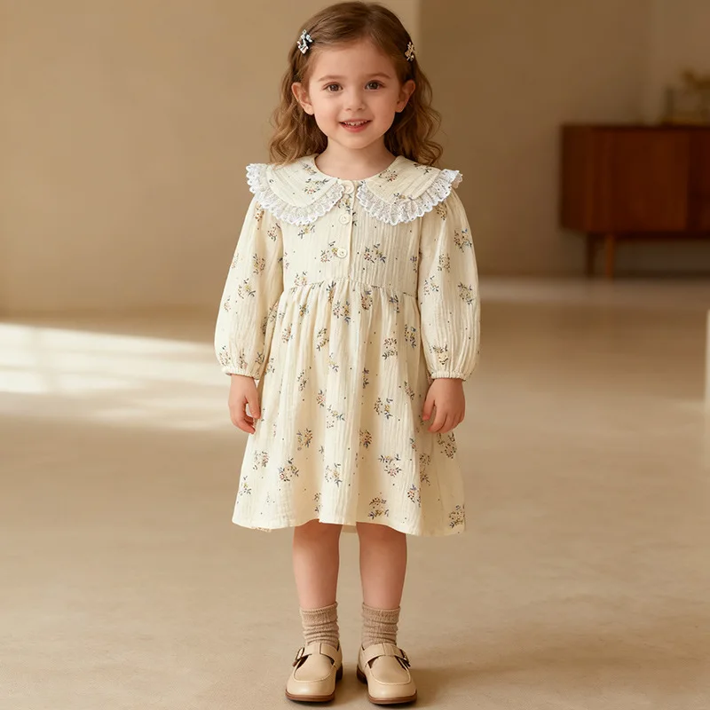 HOT Girls' Embroidered Collar Long Sleeve Corduroy Princess Dress Korean Style Spring Autumn Small Children Fashionable Dress