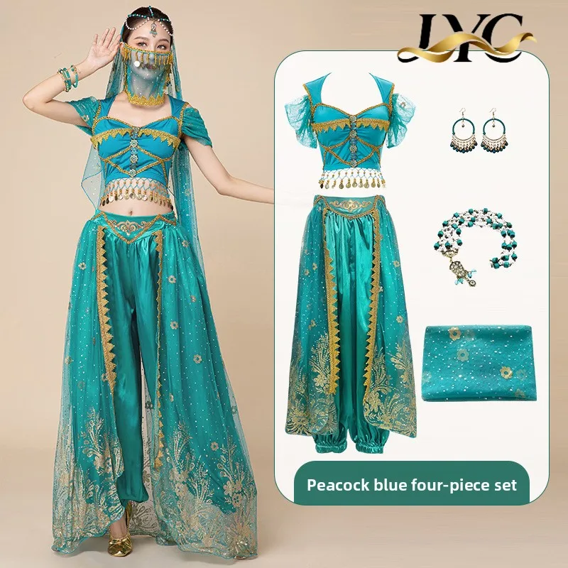 Costume di Halloween Aladdin Jasmine Princess Danza del ventre Abito esotico per le donne Set di spettacoli di ballerini della regione occidentale