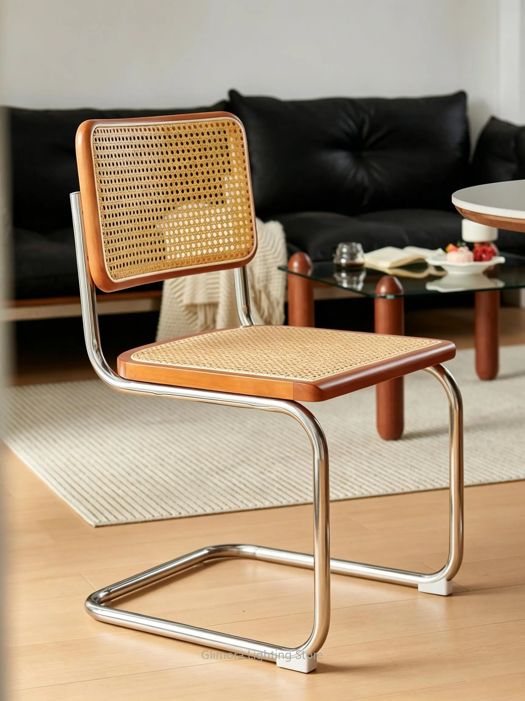 Mid-Century Nordic Rattan Dining Chair with Metal Frame, Floating Backrest Accent Seat for Restaurant
