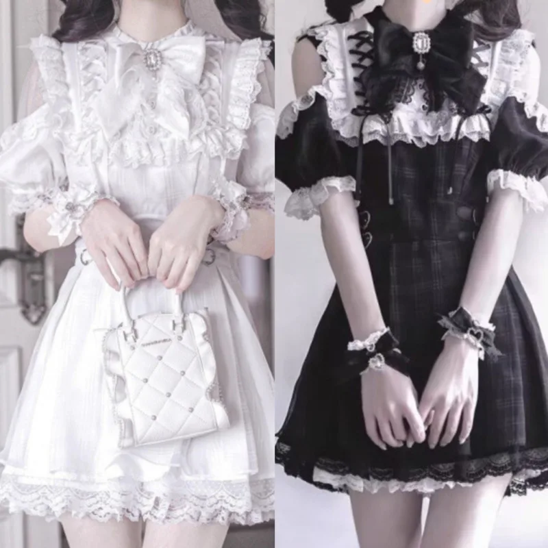 

Bow Y2K Lace Dresses Summer Sweet Department College Off Shoulder Contrasting Cinched Waist Dresses Versatile 2 Piece Set New