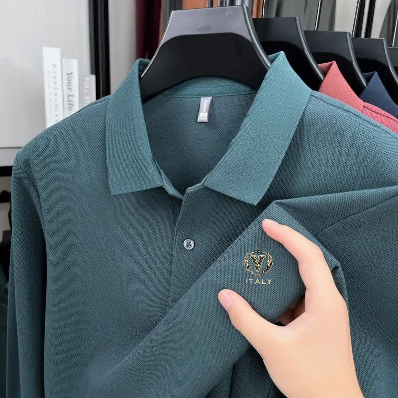

100% pure cotton high-end brand men's long sleeved polo shirt autumn fashion new item V-letter badge design golf casual T-shirt