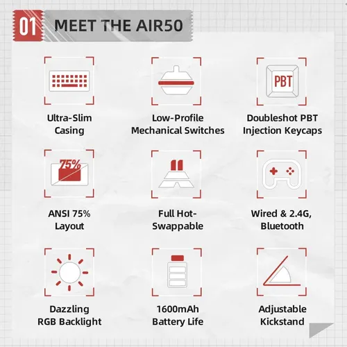 Imagen 2 del producto MACHENIKE-Teclado mecánico de perfil bajo AIR50, intercambiable en caliente, diseño 75%, retroiluminado RGB, teclado de productividad multimodo para ordenador portátil y PC