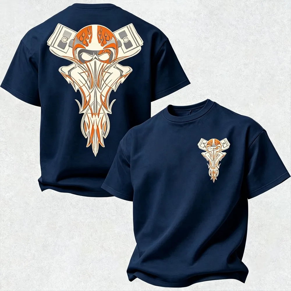 2026 Now Men Phantom Pinstripe Short‑Sleeve T‑Shirt, Helmet Skull Piston Graphic Print Crewneck Biker‑Style Casual Top