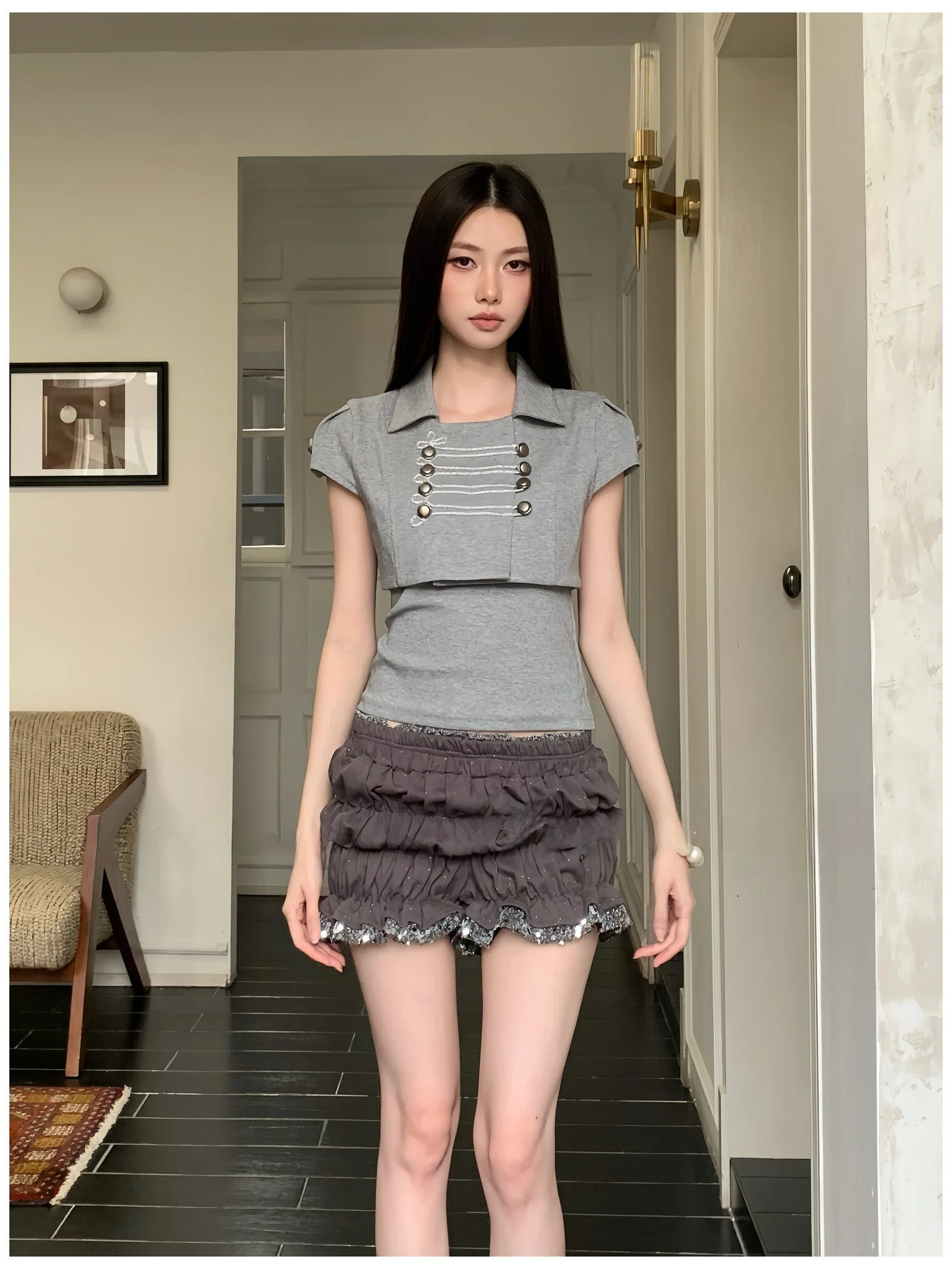 

Knight Style Double Button Flip Collar Short Sleeve T-Shirt Women's Summer New Small Design Strap Vest Two Piece Set Slim Fit...