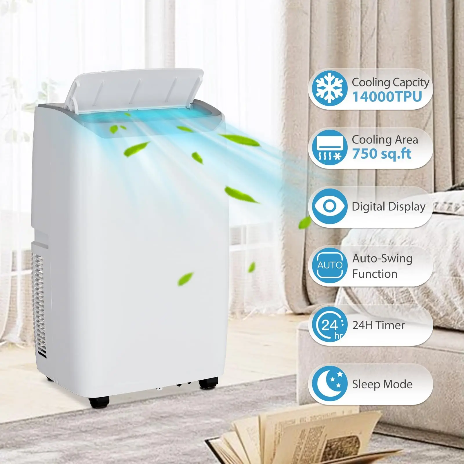 14000 BTU Portable Air Conditioner - 3-in-1 Cooling, Dehumidifier & Fan - Fast Cooling for Rooms up to 750 Sq.Ft - 24H Timer, Auto Swing, Remote Control - Ideal for Home & Office, White