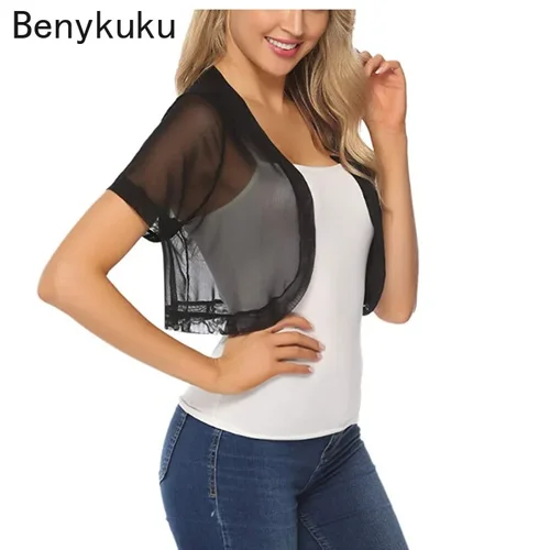 Imagen 2 del producto Chal de tul fino para mujer, Tops recortados de manga corta, cárdigan Bolero informal de playa, ropa de protección solar, moda de verano