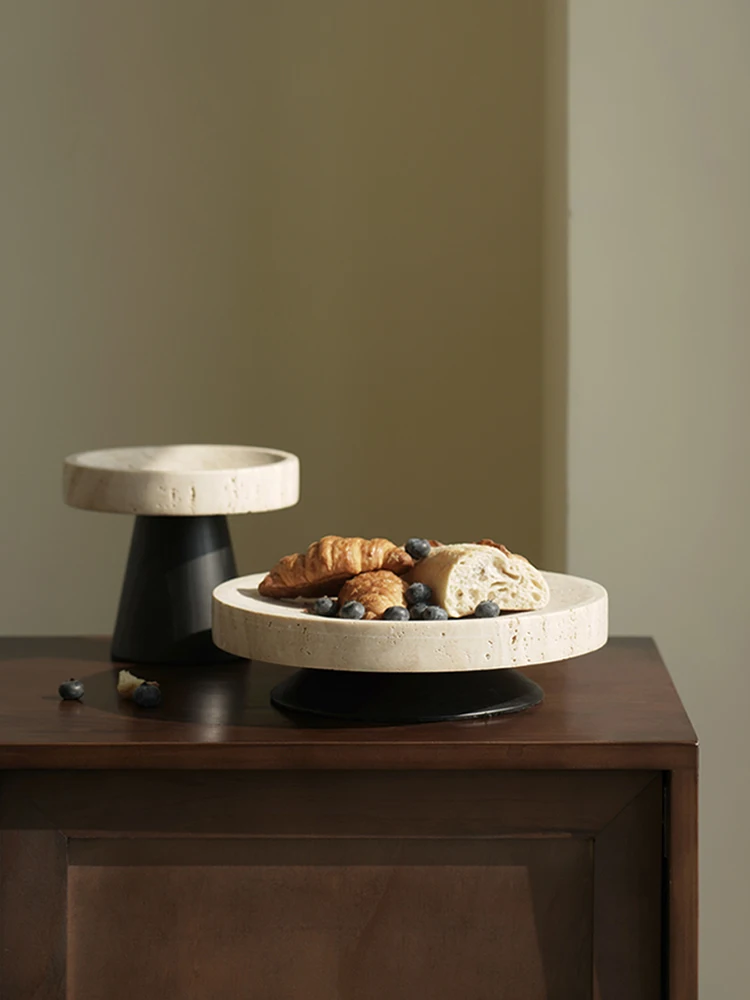 Marble Salad Bread Fruit Tray with Stand Luxury Travertine Pedestal Bowl for Table Decor and Kitchen Counter