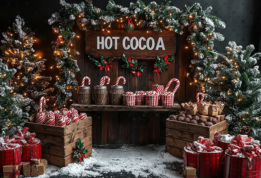 Mehofond Sfondo fotografico Natale Cacao caldo Canna di zucchero Regali Albero di Natale Bambini Ritratto di famiglia Decor Sfondo Studio fotografico