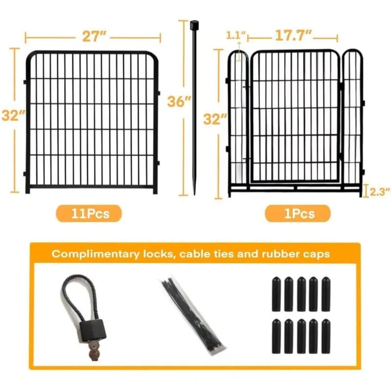 Garden Fence with Gate 32 in(H)×26.6 Ft(L) 12 Panels, Heavy Duty Iron Animal Barrier Fence for Yard, Suitable for Indoor Pet Fen