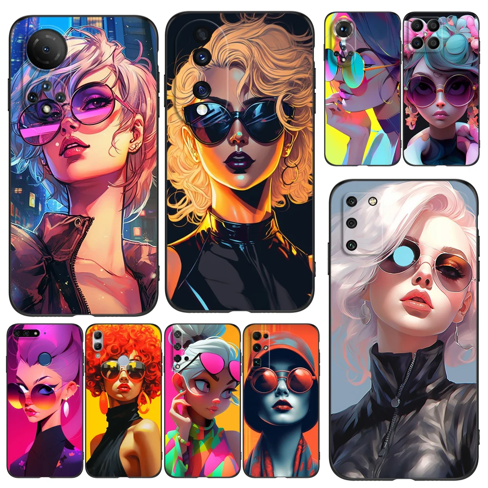 Black Tpu Case For Huawei Honor X9 X8 50 Lite Pro 10 lite Nova Y70 Y90 PLUS 5t 8 9 4G 5G 8i X8A X9A Beautiful lady sunglasses