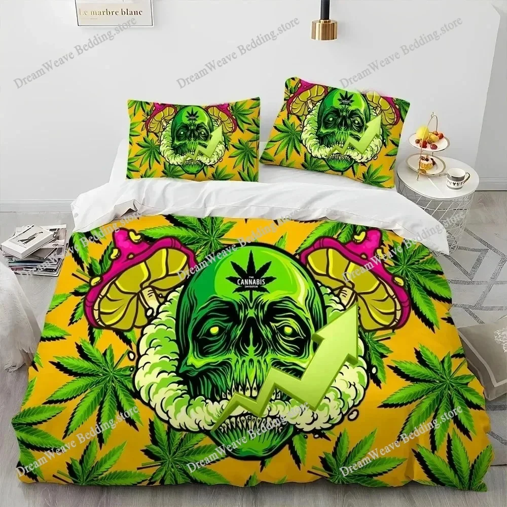 Maple Weed Plant Green Death Skull Smoke Bedding Set Duvet Cover Bed Set Quilt Cover Pillowcase Comforter King Queen Size