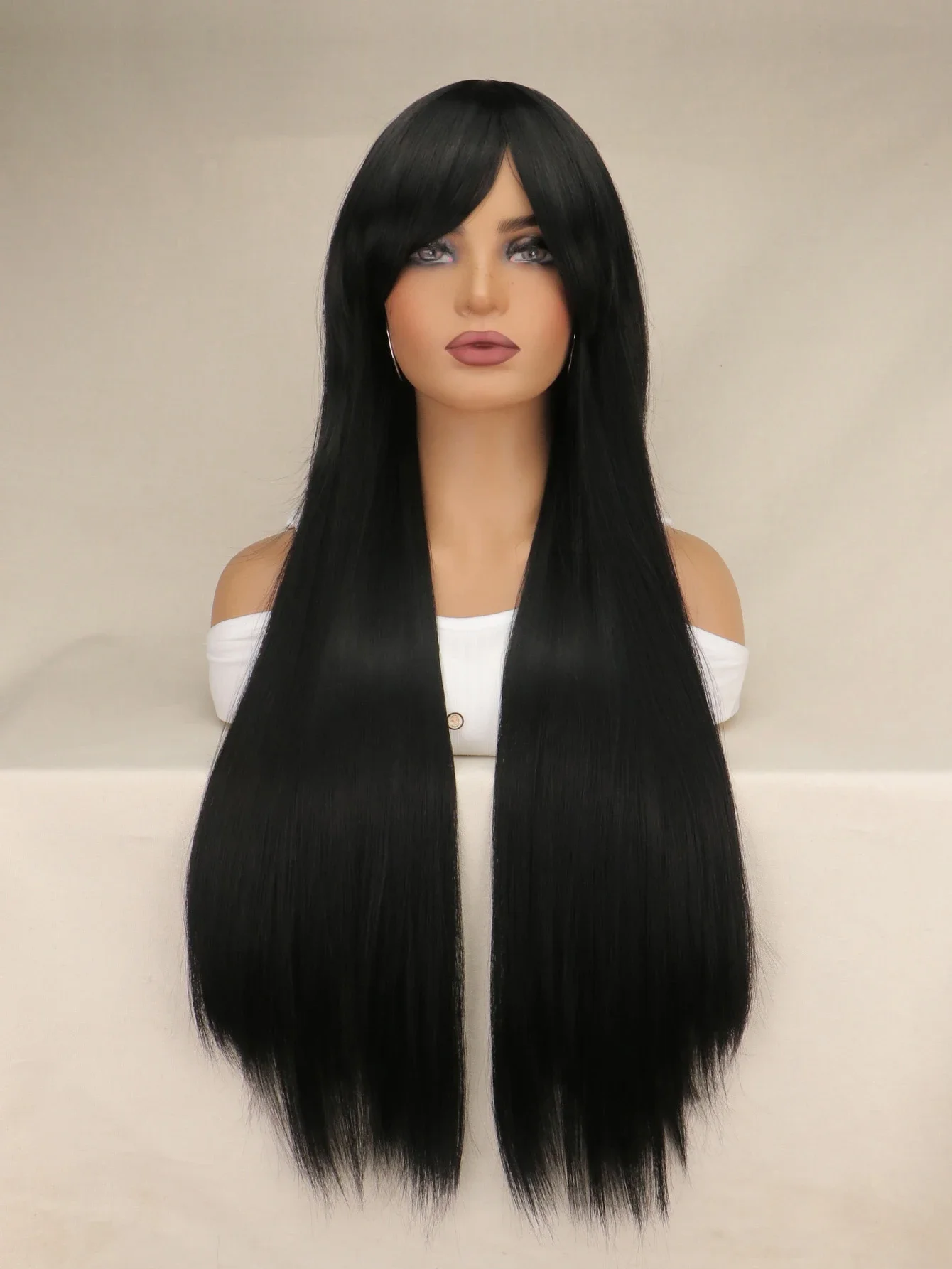 Women Heat Resistant Black Wig Natural 30 Inch Long Straight Black Bangs Party Hair Long Straight Synthetic Wigs