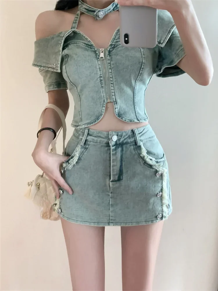 Hikigawa Chic Fashion Halter Slash Neck Sexy Short Sleeve Y2k Crop Tops + Slim All Match Dresses Streetwear 2 Sets Ropa Mujer