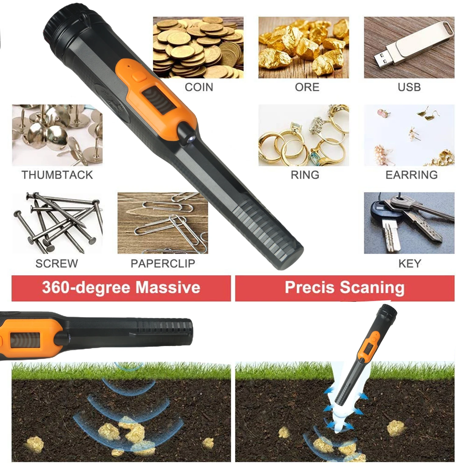 Metal Detector Pinpointer with LCD Display,Handy High Performance Metal Detector Metal Reader in 3 Alarm Modes, IP68 Pinpointer