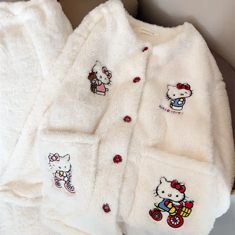 Hello Kitty tekenfilm cartoon schattige fleece gevoerde warme pyjama creatieve kawaii dikke loungewear-set met lange mouwen voor meisjes