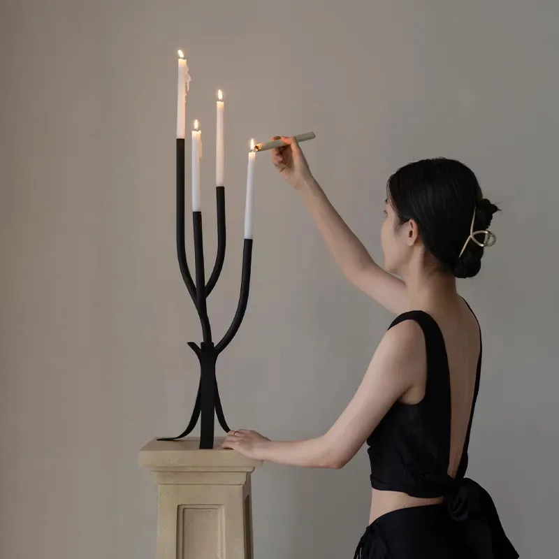 Nordic luxury vintage candlestick ornament, black wrought iron entryway decoration