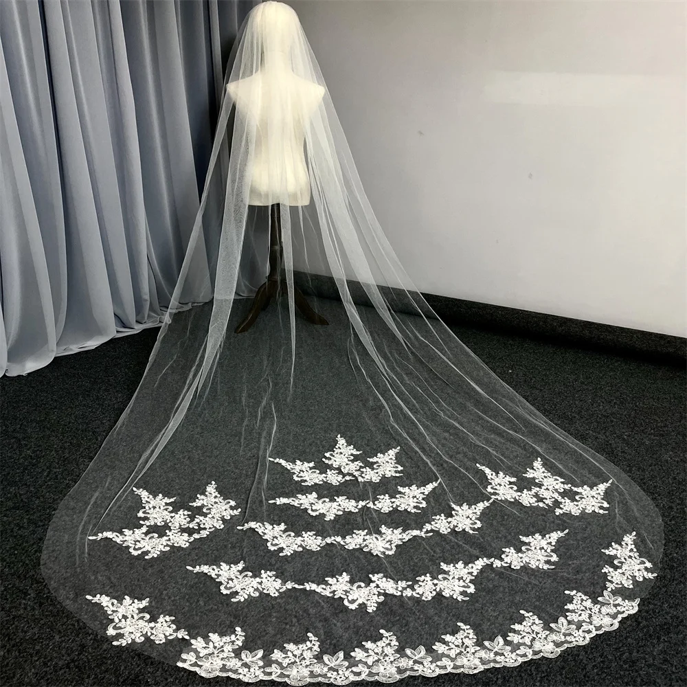 Voile de mariage long luxueux avec peigne, tulle cathédrale à une couche, voile de patients, bord en dentelle pour les mariées, blanc et ivoire