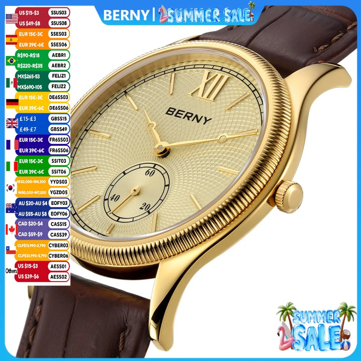 

BERNY Luxury Watches for Men Classic Elegance Slim Dress Gold Quartz Men's Watch Leather Strap Fashion Business Wristwatch