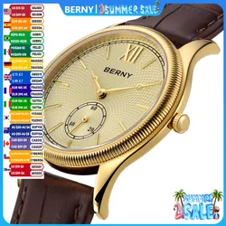 BERNY Luxury Watches for Men Classic Elegance Slim Dress Gold Quartz Men's Watch Leather Strap Fashion Business Wristwatch