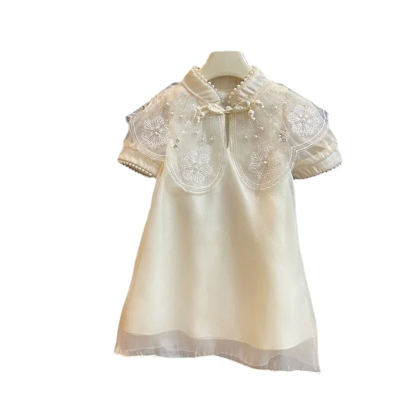 Vestido de ombro infantil, Princesa Cheongsam, Roupa de menina, Roupa de verão, Novo