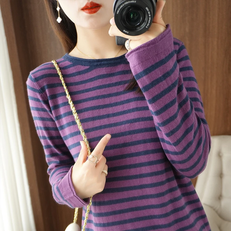 

Fashion Women Sweater Cotton O-neck Long Sleeves Stripe Knit Pullovers Casual Spring Autumn Warm Jumper Basic Bottoming Shirts