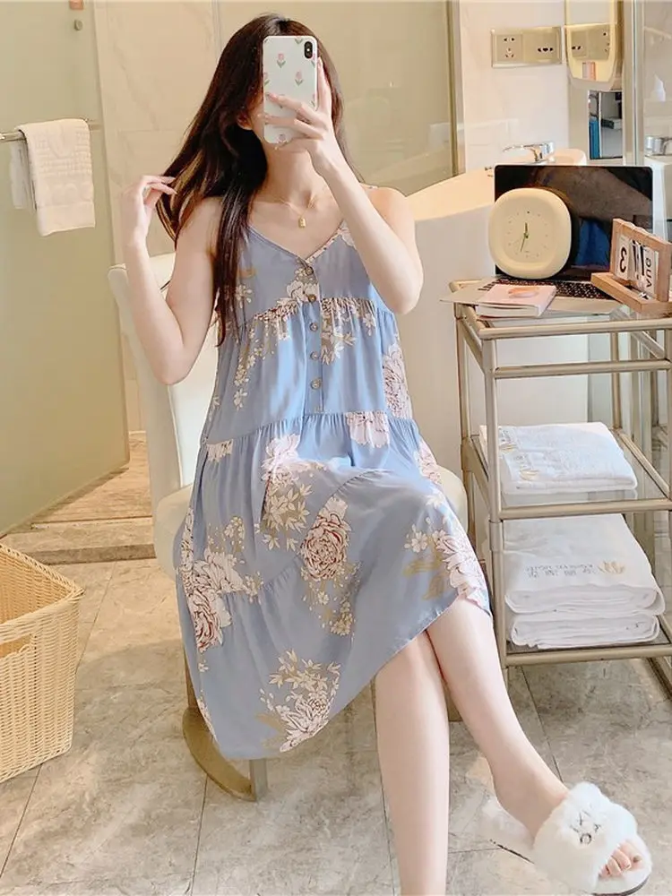 

Silk Cotton Nightgown Women's Summer Artificial Cotton Spwear Walking Nursing Skirt Outdoor Home Clothes Dr V-ne S...