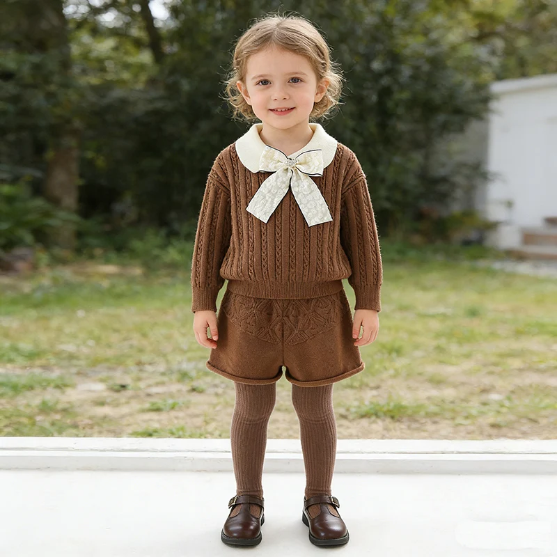 2026 New Spring 2-6Yrs Children Knitted Clothes Suit Baby Girl Knitted Clothes Set Long Sleeved Pullover Sweater+Shorts
