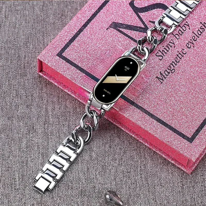 Novo aplicável a mi band 8 9 correias pulseira moda único-lap corrente de metal esporte feminino pulseira inteligente acessórios de substituição