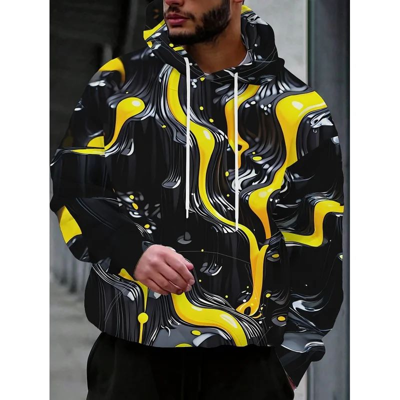 New Men's Street Hoodie Yellow Stripe Brush Print Black Regular Fit Casual Urban Machine Washable Men's Top