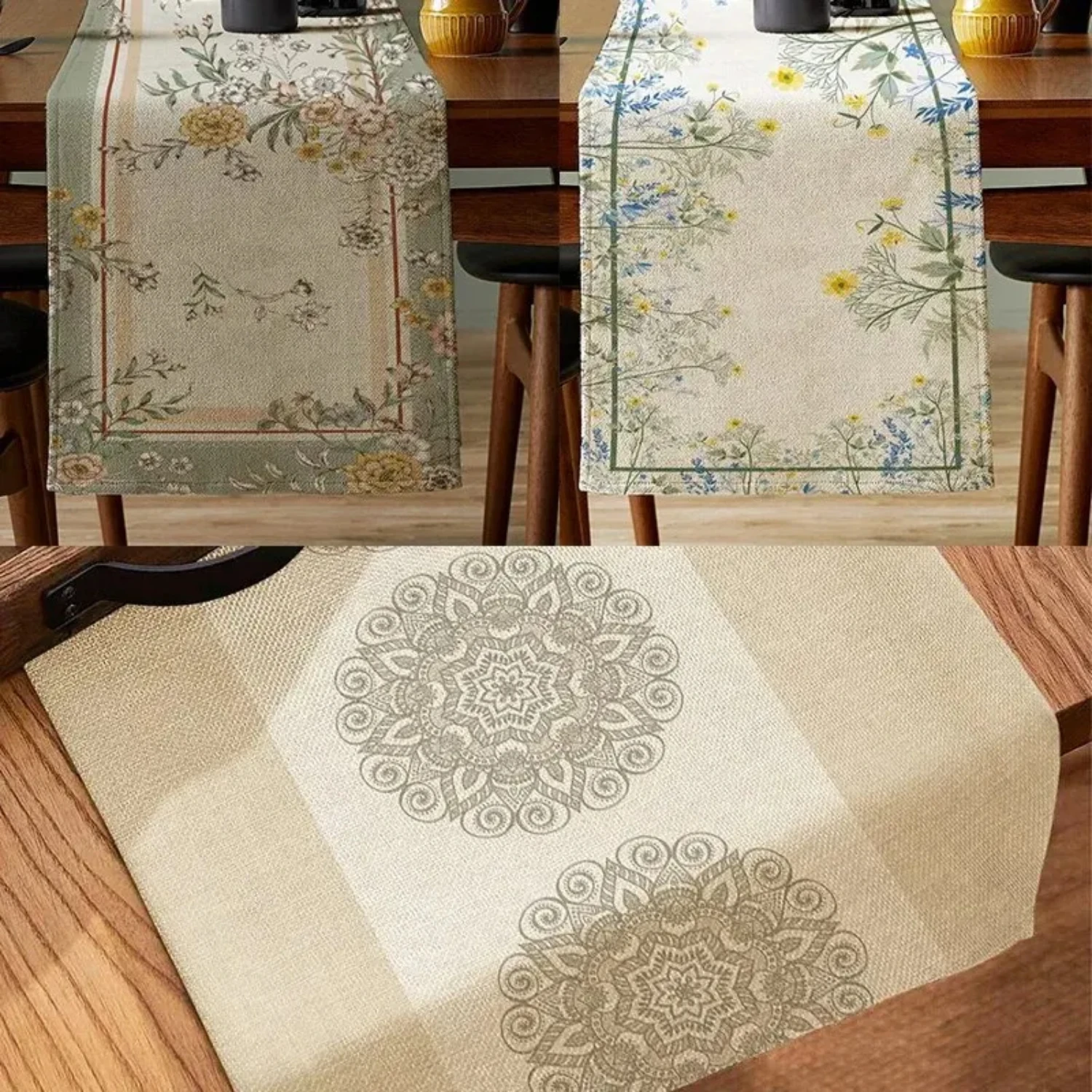 Floral Print Mandala Pattern Polyester Table Runner for Dining Room, Cottagecore Style, 1pc, Soft and Durable Table Liner Runner