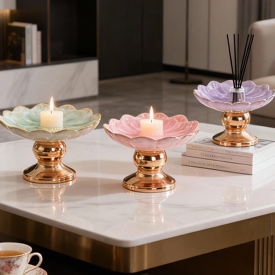 

Floral Pattern Peony Flower Special Candle Stand, Light Luxury Candle Holder Exquisite Petal Shaped Ceramic Candle Holder 향초대