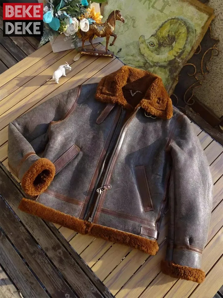 

Natural Sheepskin Winter Thick Warm Wool Lining Mens Real Fur Short Coat Vintage Men Motorcycle Genuine Leather Shearling Jacket
