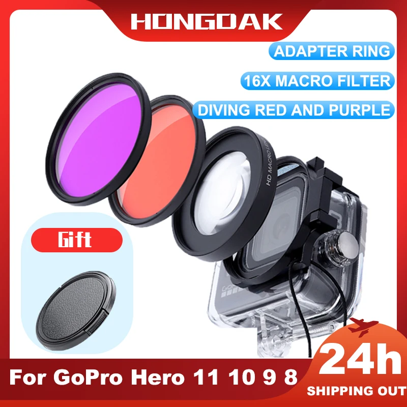 For GoPro Hero 11 10 9 8 Filter 16X Macro Original Red Purple Waterproof Diving Filter Adapter Ring Lens Cap Go Pro Accessorise