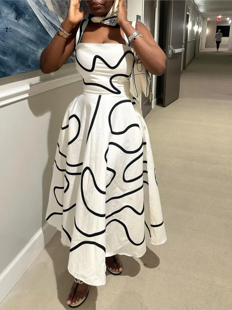 

Lady Dress Sleeveless Striped Printed Square Neck High Waisted Tank Top Robe Beach Resort Nightclub Party Sexy Fashion Vestidos