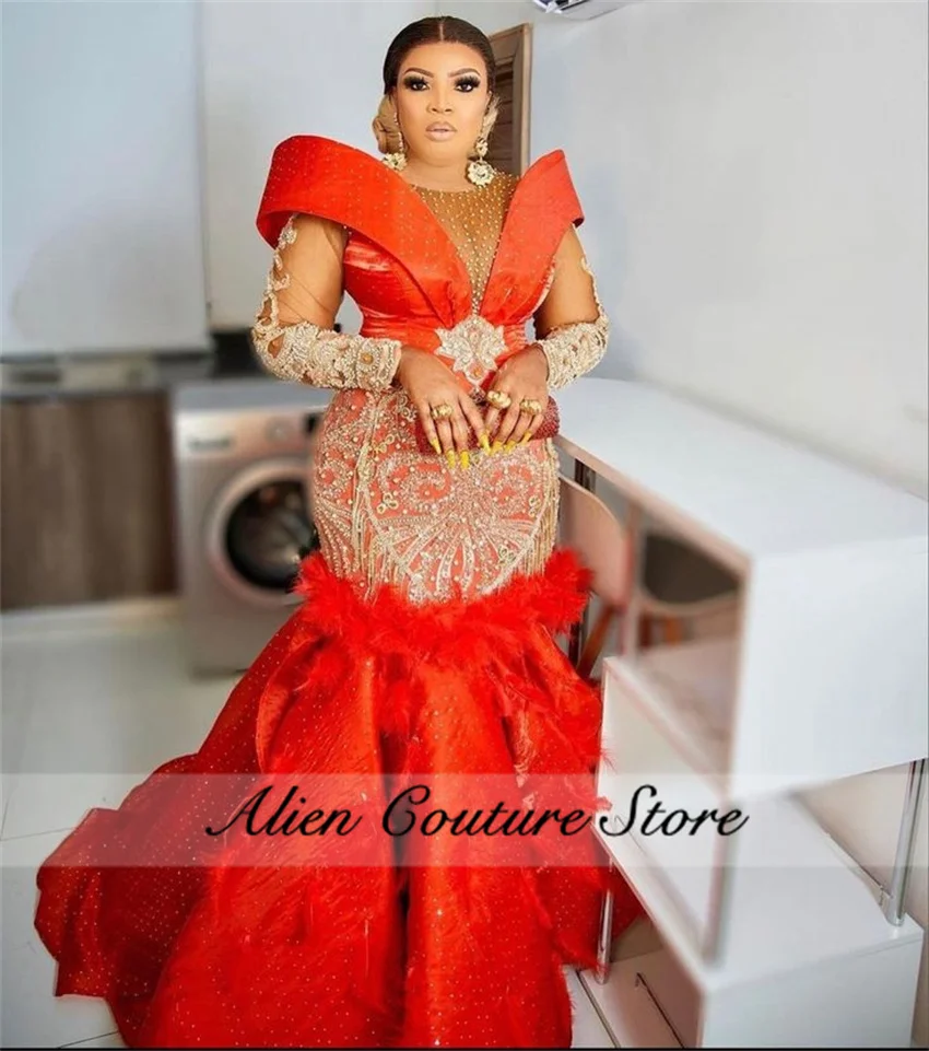 Luxury Red Mermaid Evening Dresses Long Sleeves Bead Diamonds Gowns With Feathers Birthday Dress Formal Occasion Customized