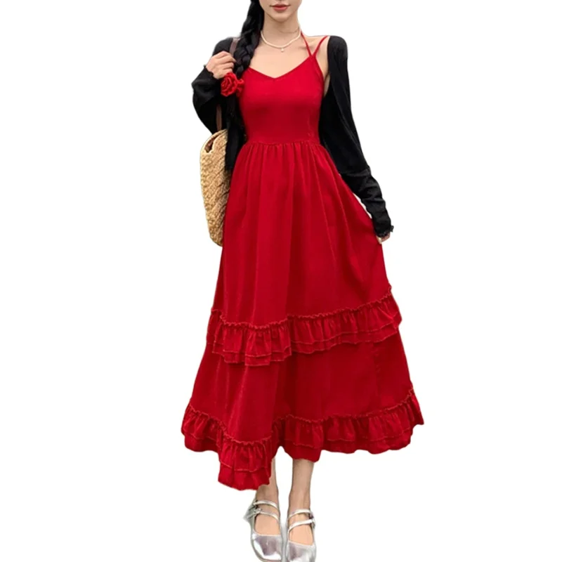 Retro francês babados borda nicho vermelho halter vestidos para mulheres chique magro em camadas vestidos cor sólida mori-girl estilo saia de verão