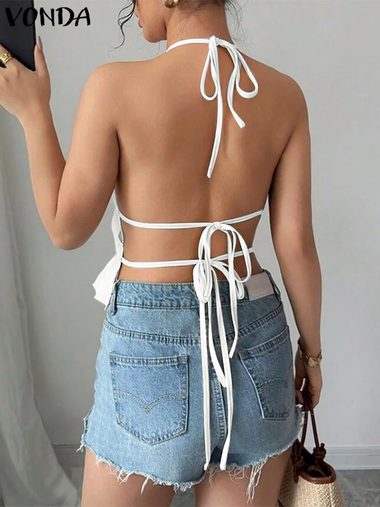 

2025 Summer Tanks Women Chiffon Backless Tops Sexy Back Lace-Up Tees Casual Solid Color Lace Blouse Fashion Beach Camis VONDA