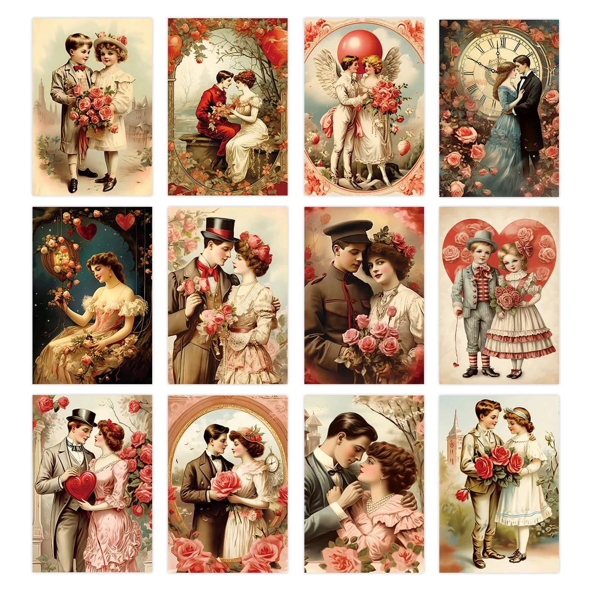 12pcs Vintage Victorian Valentine's Day Greeting Card,Retro Romantic Postcards,Love Heart&Rose Design Wall Art Prints Home Decor