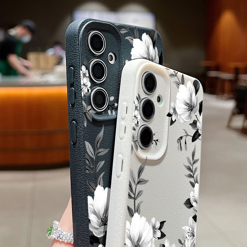 Case For Samsung Galaxy S25 S23 S22 Ultra S24 FE A56 A36 A16 A55 A15 A54 A35 5G Flowers Pattern Leather Texture TPU Phone Cover