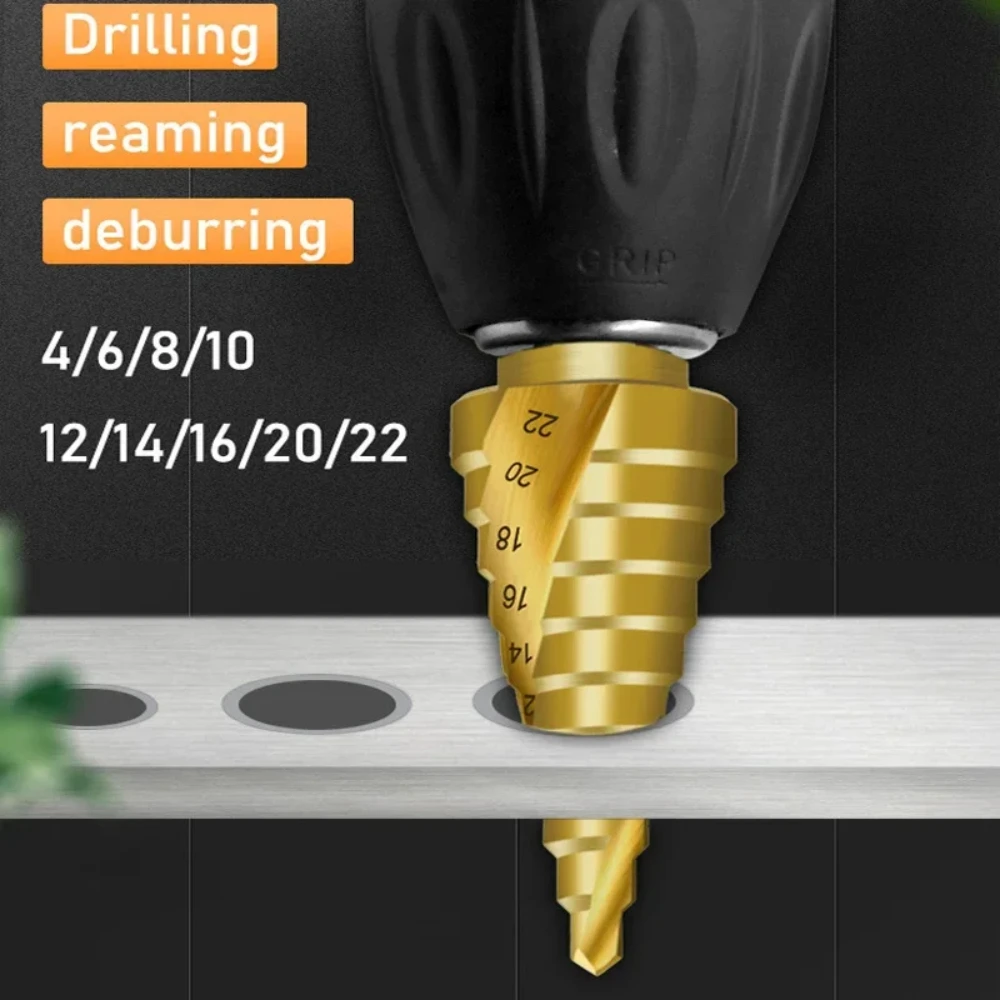 3pcs HSS Spiral Flute Grooved Titanium Coated Step Drill Bit Hex Shank Wood Metal Hole Cutter Universal Power Tools-Gold