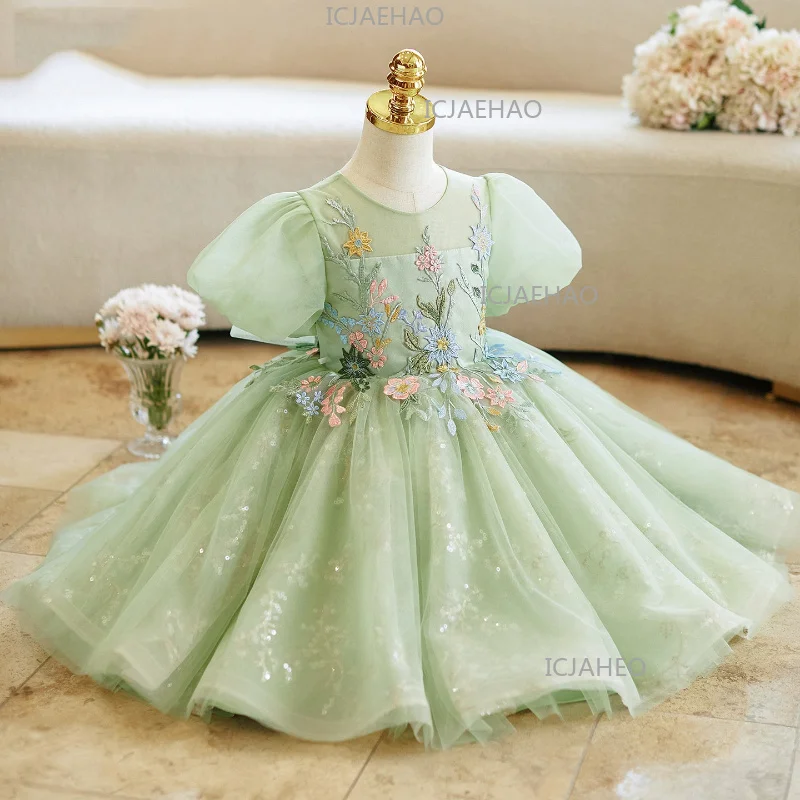 2026 Mädchen Festkleid für Kinder Geburtstag Elegantes Mode-Prinzessinnenkleid Kostüm Party Bankett Grün Gastgeberin ohne Auftritt