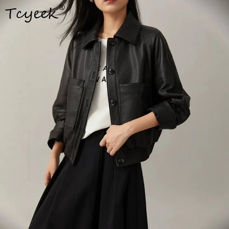 Tcyeek Natural Goatskin Coats for Women Black Real Leather Jacket Women High-end Autumn Clothing Short Lychee Patterned Casacos