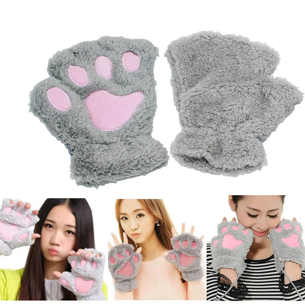 

1 Pair Winter Women Ladies Girls Lovely Gloves Plush Warm Mittens Cute Cat Paw Short Fingerless Half Finger Glove d88