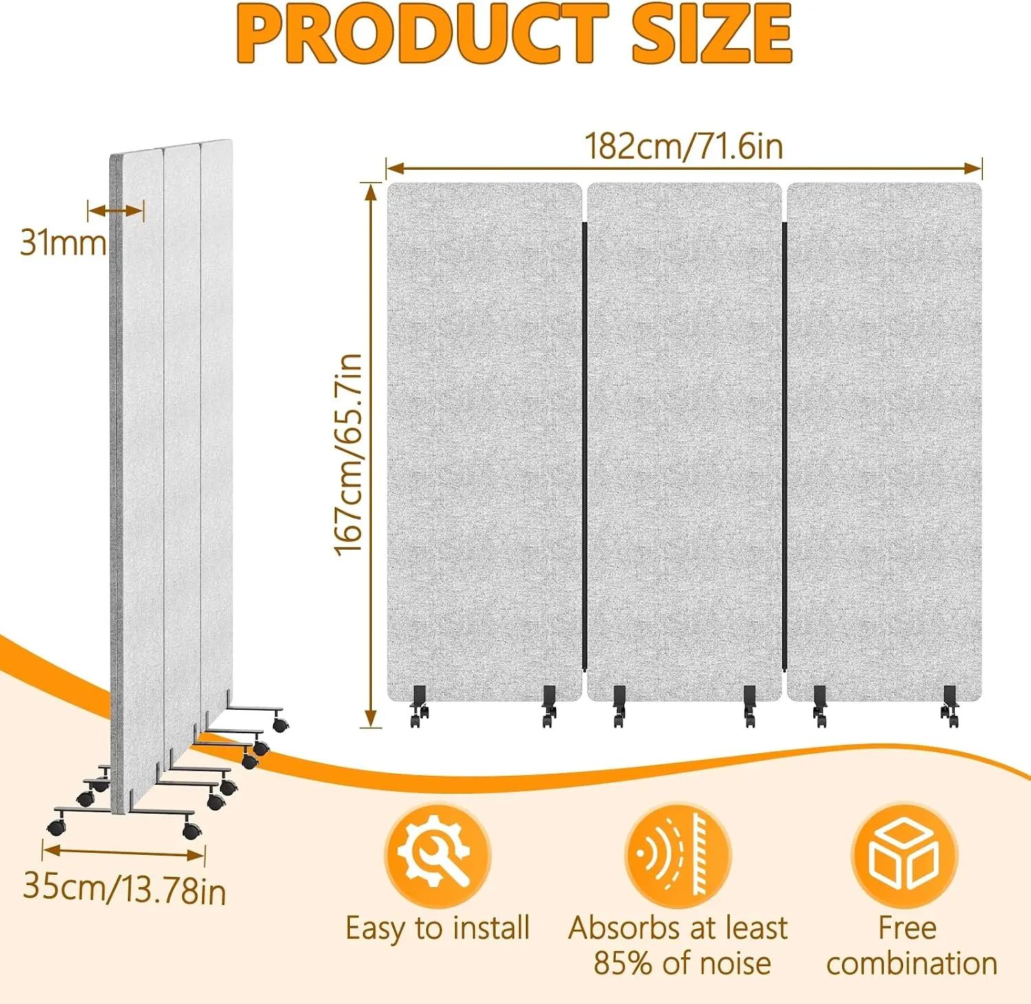 Soundproof Room Divider 3 Panels Rolling Wheels 72x66in Partitions Portable Wall Freestanding Folding Privacy Screens Separate H