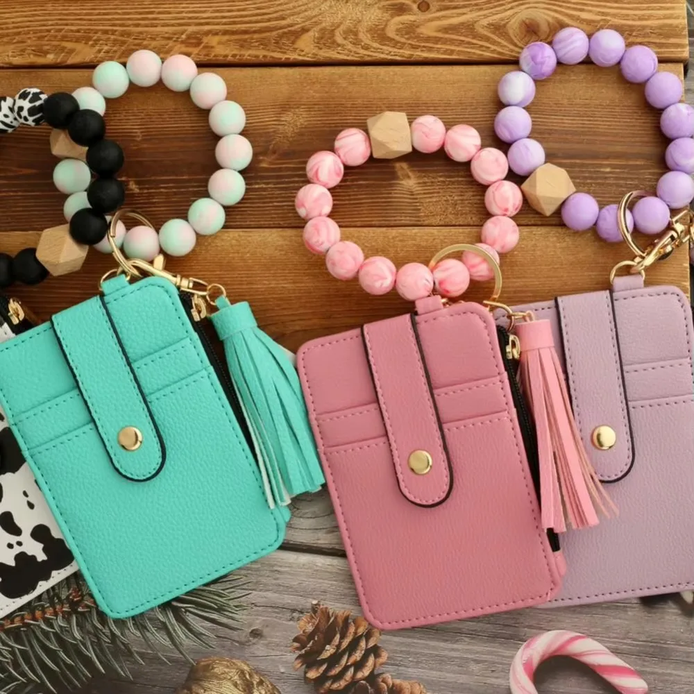 Bohemian Style Card Holder Bracelet Keychain Faux Leather Floral Design Beaded Tassel Keychain Beaded Detail Tassel