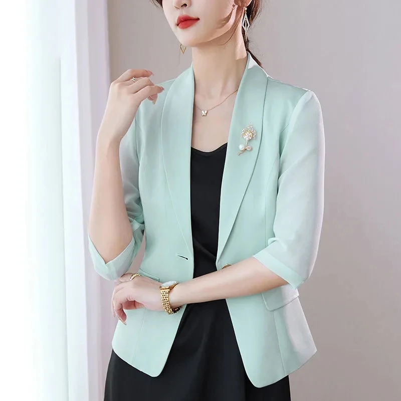 Korean Women Solid Color Chiffon Leisure Suit Coat Summer Female Short Blazer Tops New Ladies Chiffon Thin Style Tops Outerwear