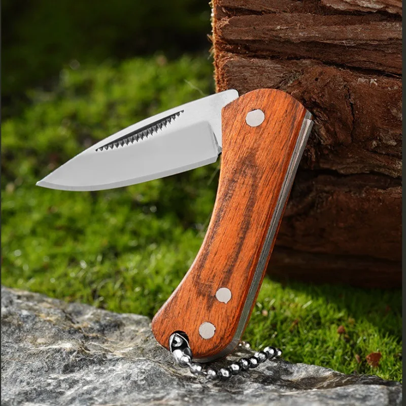 New Wooden handle mini pocket folding knife, portable outdoor edc knife, exquisite and compact self-defense survival knife